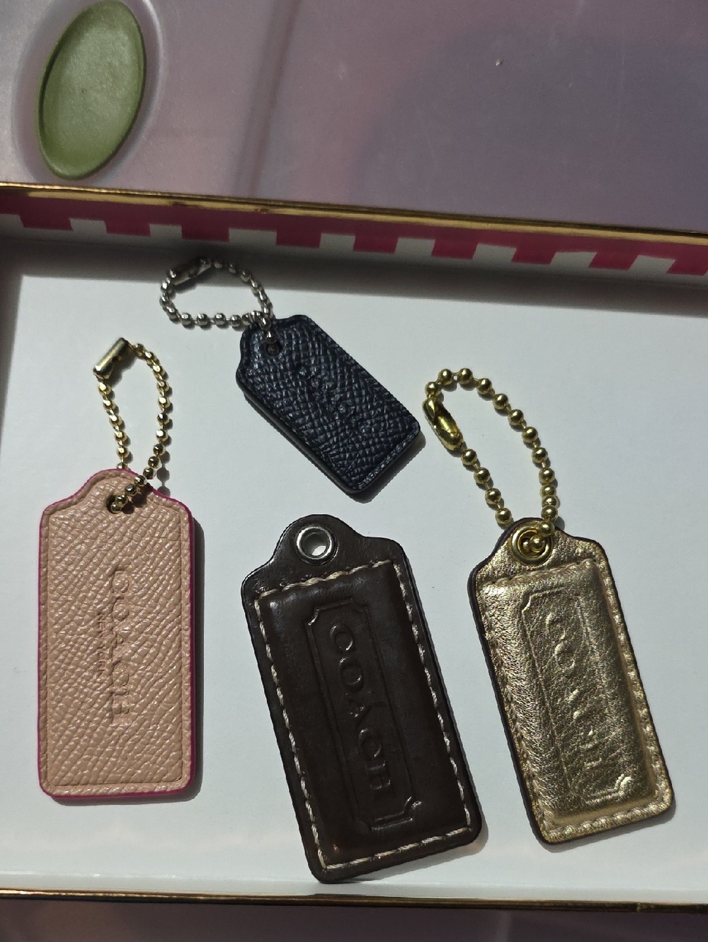 Coach Leather Tag Set in Tan/orange, Navy, Brown & Metallic Gold